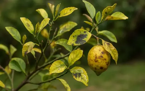 Un citronnier trop arrosé montre des feuilles jaunies et tachées de noir, avec un fruit unique sur la branche.