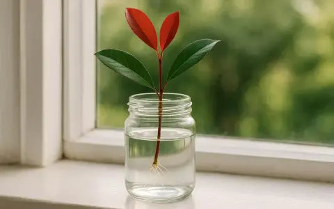 Une bouture de photinia aux feuilles rouges et vertes, avec de fines racines, dans un bocal d'eau sur un rebord de fenêtre.