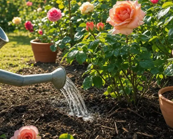 Arrosage d'un rosier en pleine floraison, avec des roses roses et orangées éclatantes. L'eau coule d'un arrosoir sur la terre.