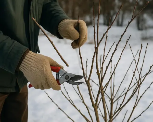 Gants beiges, sécateur rouge et une branche fine pour une bouture de myrtille.