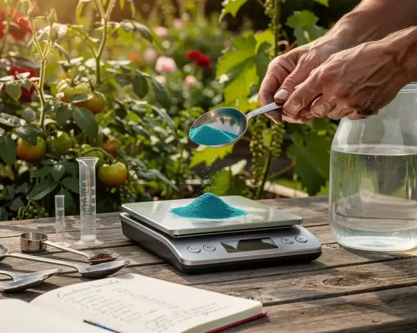 Préparation du **dosage bouillie bordelaise pour arbres fruitiers**. Une balance de précision pèse la poudre bleue, à côté d'un carnet et d'une carafe d'eau.
