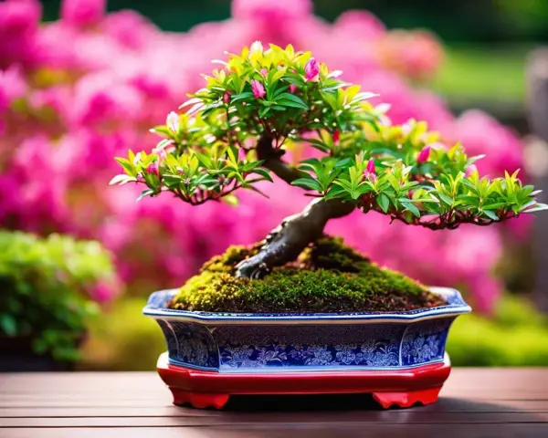 Un bonsaï d'azalée du Japon en pleine floraison, dans un pot orné, sur fond de fleurs roses. Fiche technique à venir.