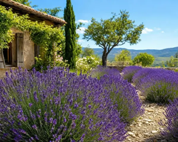 Un champ de lavande en fleurs devant une maison en pierre, sous un ciel bleu. Quelle terre pour la lavande !