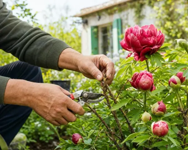 Un jardinier effectue la taille d'une pivoine arbustive, préparant ses magnifiques fleurs pour la saison.