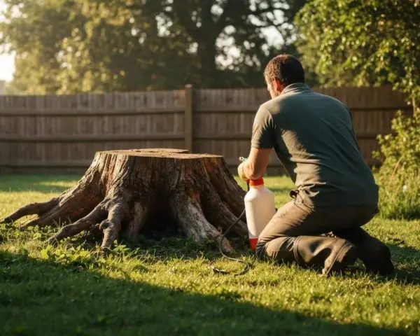 Un homme applique un produit sur une grosse souche d'arbre, une étape pour comment détruire une souche d'arbre.