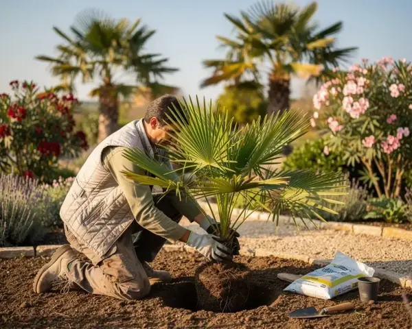 Un jardinier plante un jeune palmier dans un jardin ensoleillé, entouré de fleurs roses et de lavande.