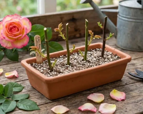 Boutures de rosier en terre, prêtes à prendre racine. Une belle rose rose et jaune à côté, avec des pétales tombés.