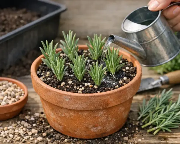 Arrosage de jeunes boutures de lavande dans un pot en terre cuite, prêtes à prendre racine.