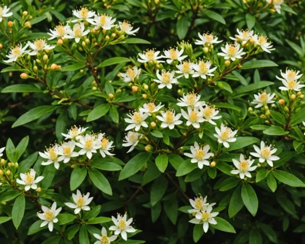 Fleurs blanches délicates sur un feuillage vert dense. Quelle terre pour oranger du Mexique ? Un sol bien drainé et riche.
