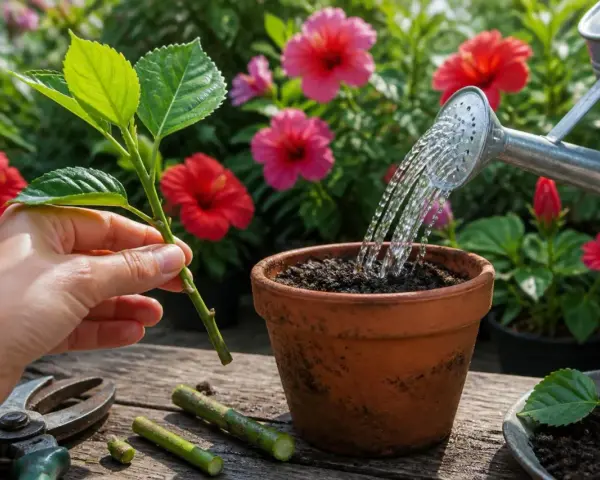 Une main tient une bouture d'hibiscus, prête à être plantée. Un arrosoir verse de l'eau sur la terre dans un pot.