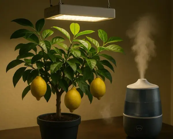 Un citronnier en pot, éclairé par une lampe de croissance, avec des citrons mûrs. Un humidificateur diffuse de la vapeur, créant une ambiance propice pour savoir comment polliniser un citronnier.