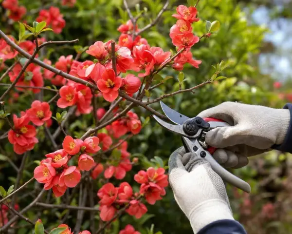 Mains gantées taillant un cognassier du Japon en fleurs, préparant la plante pour la saison.