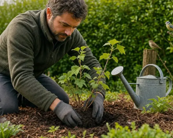 Un jardinier plante un jeune arbuste de cassis fruit rouge. Une arrosoir et des oiseaux observent.