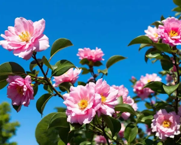 Des fleurs de camélia roses épanouies sous un ciel bleu vif. La **taille camélia** a permis à ces magnifiques fleurs de s'épanouir.