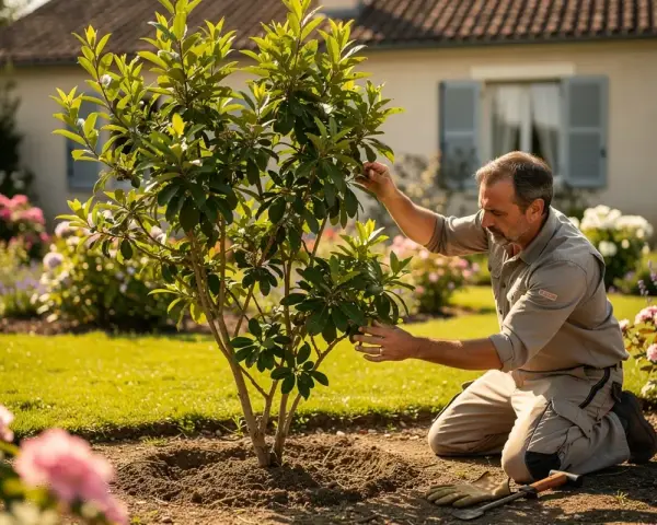 Un jardinier examine son lilas des Indes qui ne fleurit pas, espérant comprendre pourquoi.