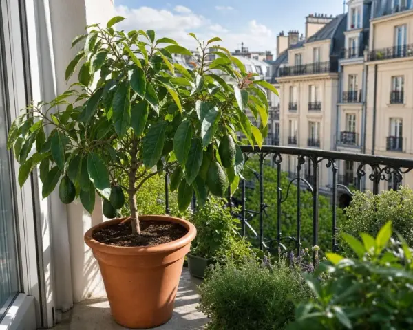 Un jeune arbre avocat, chargé de fruits verts, prospère sur un balcon parisien, offrant une touche de verdure luxuriante.