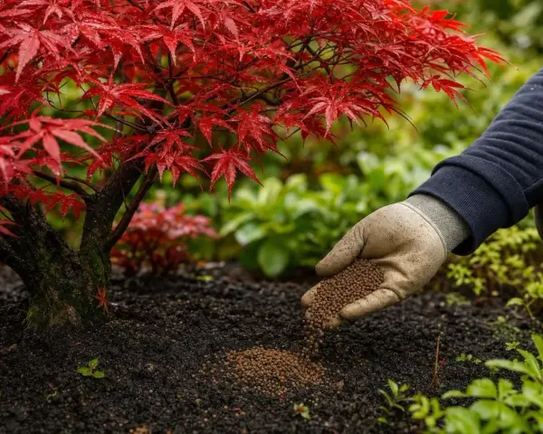 Main d'un jardinier appliquant de l'engrais pour érable du Japon, dont les feuilles rouges brillent sous la pluie.