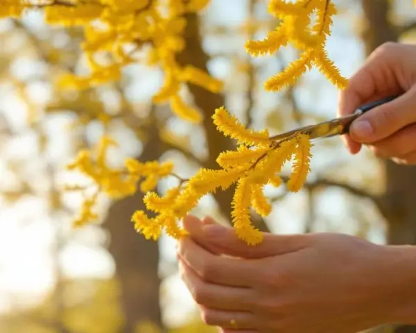 Des mains coupent une bouture de mimosa, ses grappes jaunes éclatantes baignées de soleil.