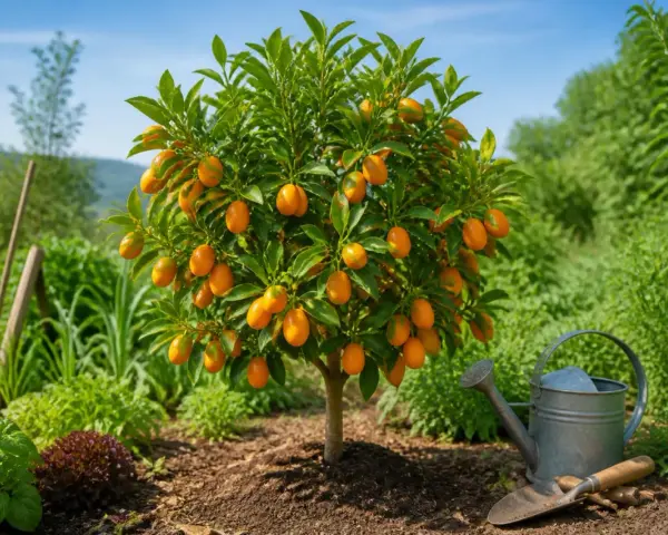 Arbre de kumquat chargé de fruits, prêt pour l'entretien. Arrosoir et pelle à proximité, suggérant le soin nécessaire.