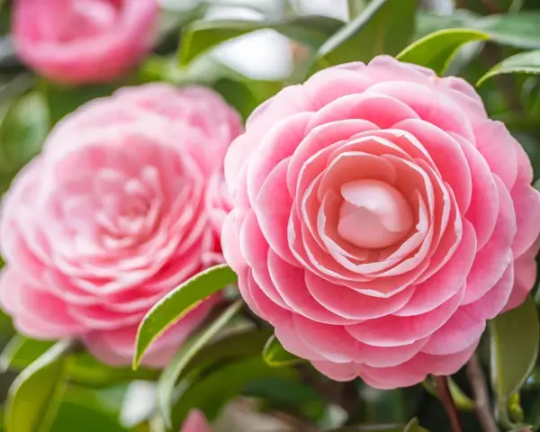 Deux camélias japonais roses éclosent, leurs pétales délicats formant des spirales parfaites.