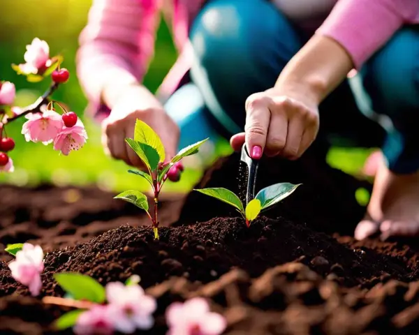 Des jeunes pousses plantées près de fleurs roses et de quelques cerises rouges.