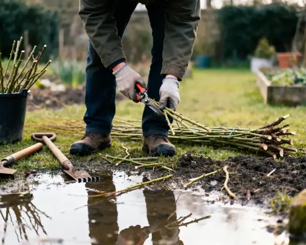 Un jardinier taille des branches pour savoir quand tailler un saule crevette. Des outils de jardinage sont à proximité.