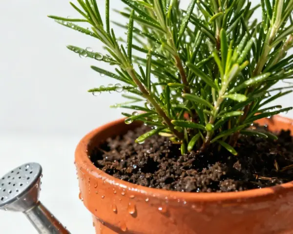 Un petit arrosoir argenté près d'un pot en terre cuite contenant un romarin frais, prêt pour son arrosage.