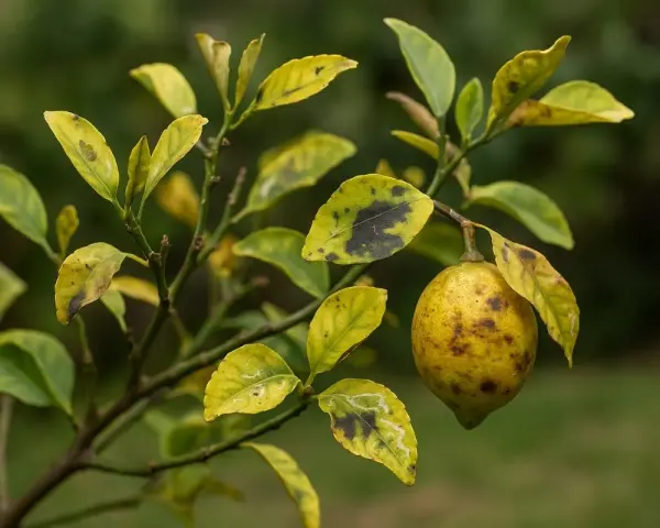 Un citronnier trop arrosé montre des feuilles jaunies et tachées de noir, avec un fruit unique sur la branche.