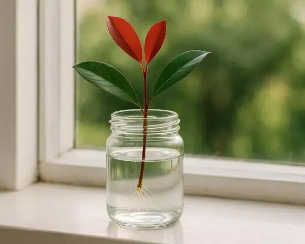 Une bouture de photinia aux feuilles rouges et vertes, avec de fines racines, dans un bocal d'eau sur un rebord de fenêtre.