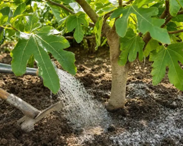 Arrosage d'un jeune figuier avec un engrais naturel pour figuier, à l'aide d'un arrosoir et d'une houe.