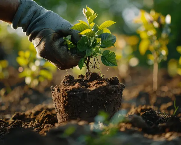 Main d'un jardinier plantant une bouture de cerisier dans la terre.