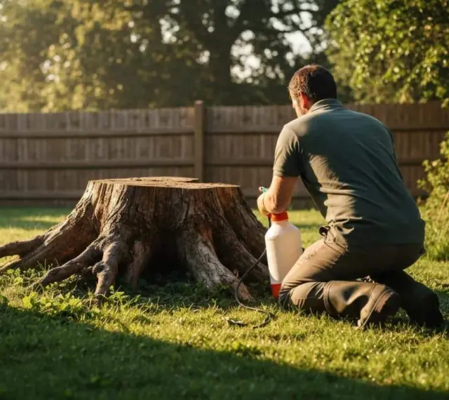 Un homme applique un produit sur une grosse souche d'arbre, une étape pour comment détruire une souche d'arbre.
