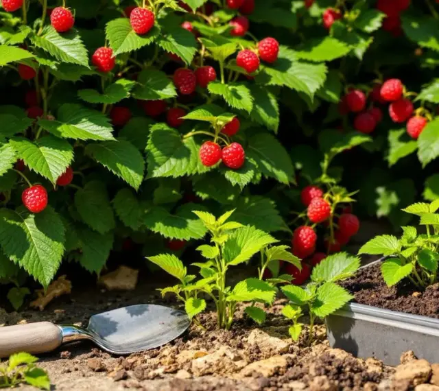 Des jeunes plants de framboisiers prêts à être plantés, avec une brouette et des framboises mûres en arrière-plan. Le moment idéal pour savoir quand planter framboisier.