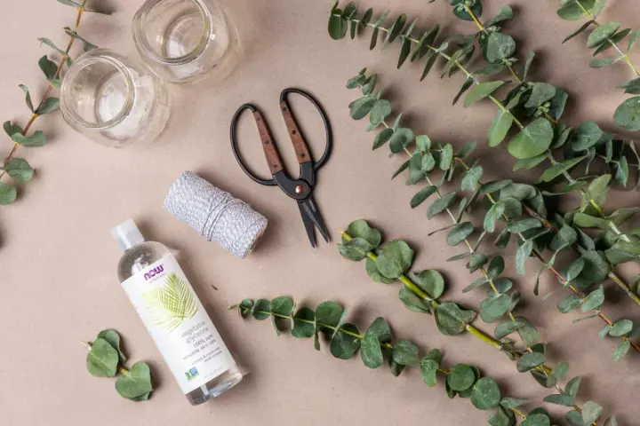 Préparation d'une bouture d'eucalyptus : brins verts, ciseaux, ficelle, glycérine végétale et deux petits bocaux.