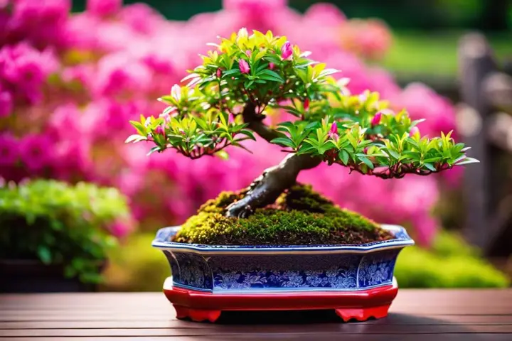 Un bonsaï d'azalée du Japon en pleine floraison, dans un pot orné, sur fond de fleurs roses. Fiche technique à venir.