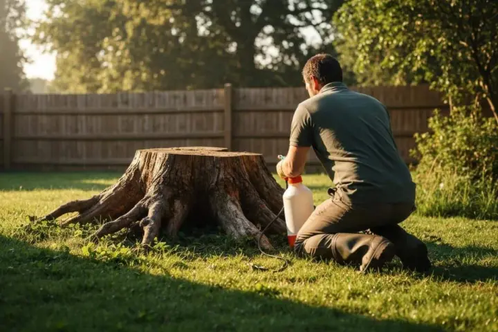 Un homme applique un produit sur une grosse souche d'arbre, une étape pour comment détruire une souche d'arbre.