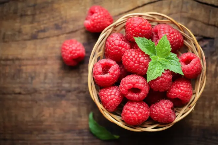 Un panier de framboises fraîches, garni de menthe, sur fond de bois. Idéal pour savoir comment conserver des framboises.