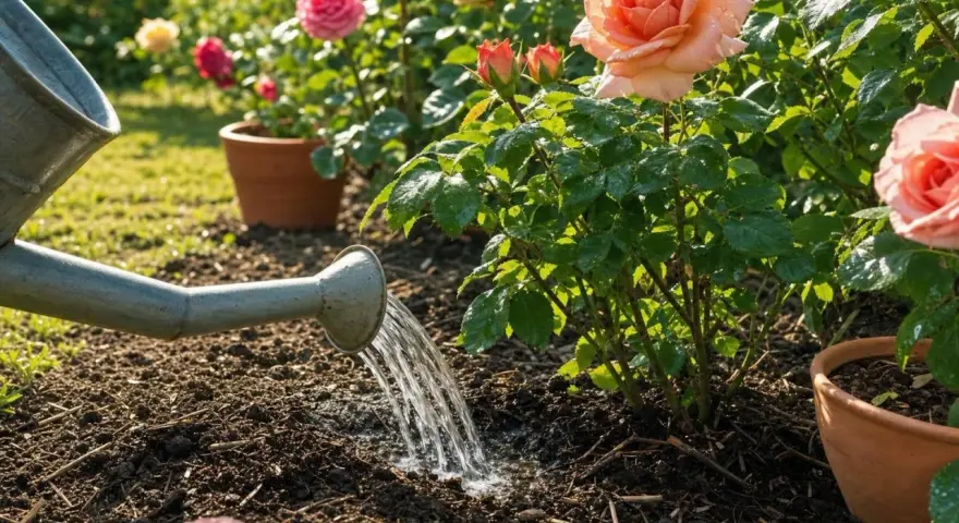 Arrosage d'un rosier en pleine floraison, avec des roses roses et orangées éclatantes. L'eau coule d'un arrosoir sur la terre.