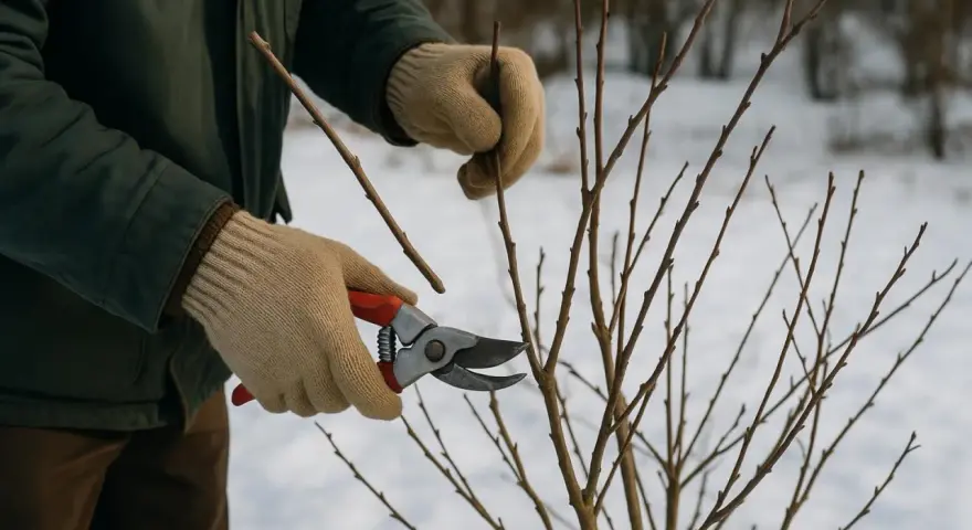 Gants beiges, sécateur rouge et une branche fine pour une bouture de myrtille.