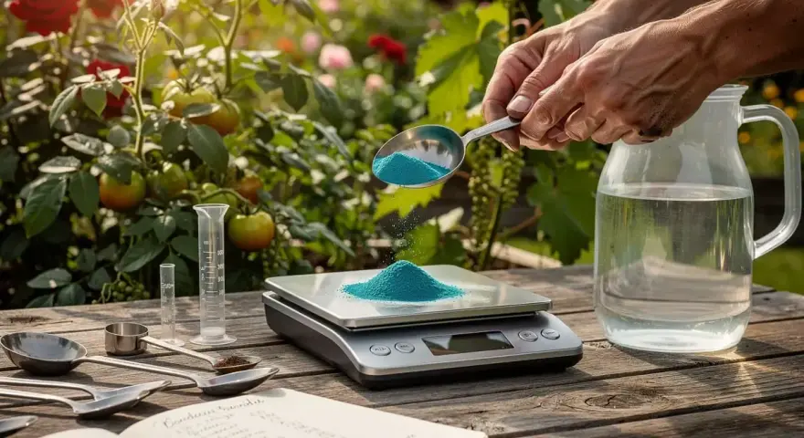 Préparation du **dosage bouillie bordelaise pour arbres fruitiers**. Une balance de précision pèse la poudre bleue, à côté d'un carnet et d'une carafe d'eau.