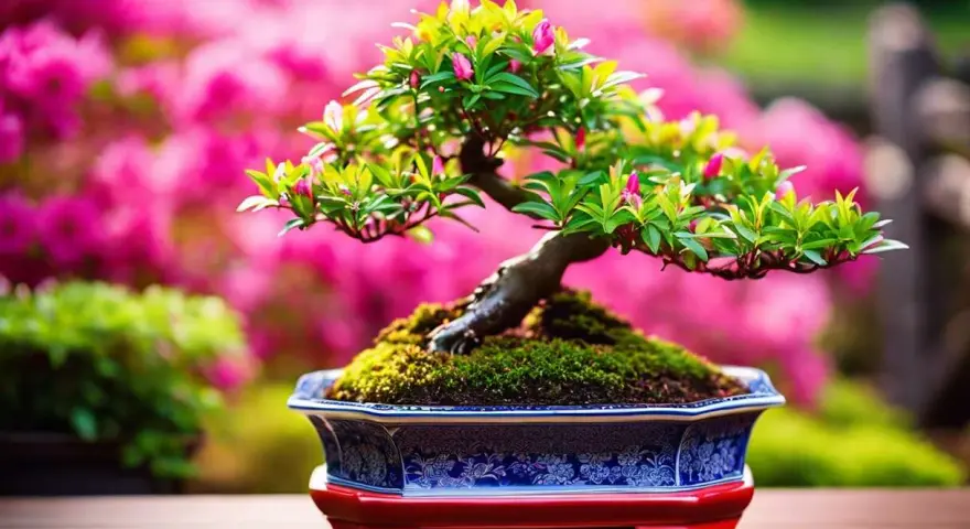 Un bonsaï d'azalée du Japon en pleine floraison, dans un pot orné, sur fond de fleurs roses. Fiche technique à venir.