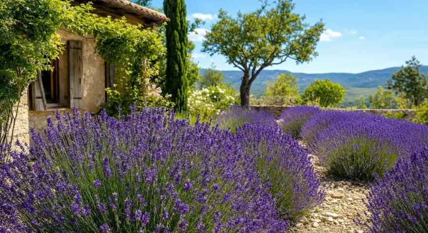 Un champ de lavande en fleurs devant une maison en pierre, sous un ciel bleu. Quelle terre pour la lavande !