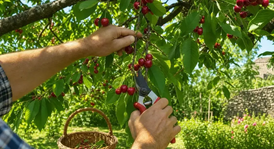 Main d'un homme récoltant des cerises rouges sur un cerisier avec des cisailles, un panier en osier à proximité.