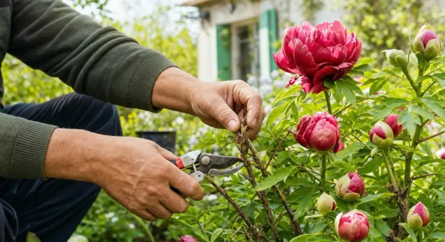 Un jardinier effectue la taille d'une pivoine arbustive, préparant ses magnifiques fleurs pour la saison.