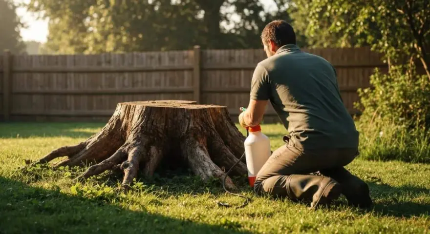 Un homme applique un produit sur une grosse souche d'arbre, une étape pour comment détruire une souche d'arbre.