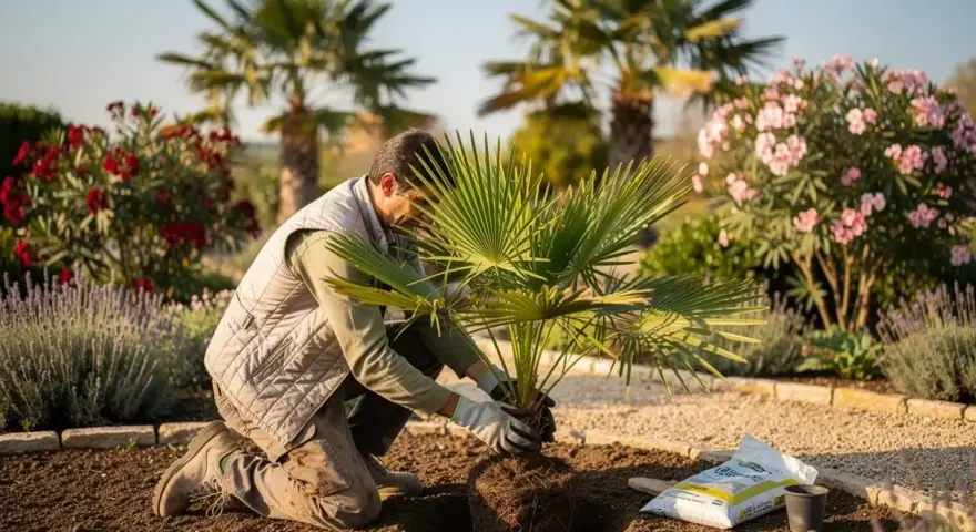 Un jardinier plante un jeune palmier dans un jardin ensoleillé, entouré de fleurs roses et de lavande.