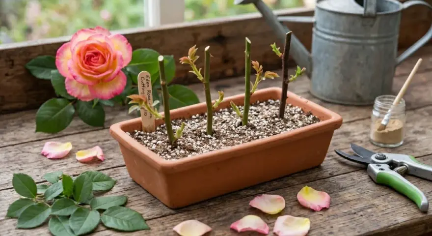 Boutures de rosier en terre, prêtes à prendre racine. Une belle rose rose et jaune à côté, avec des pétales tombés.