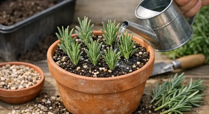 Arrosage de jeunes boutures de lavande dans un pot en terre cuite, prêtes à prendre racine.