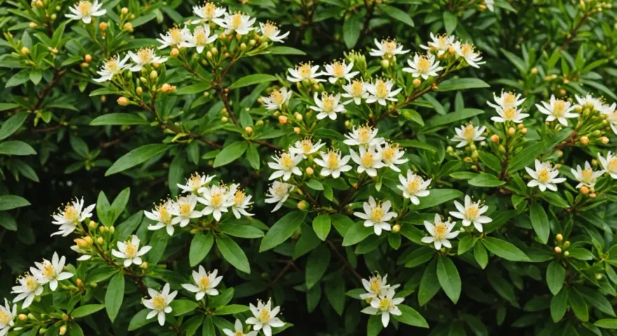 Fleurs blanches délicates sur un feuillage vert dense. Quelle terre pour oranger du Mexique ? Un sol bien drainé et riche.