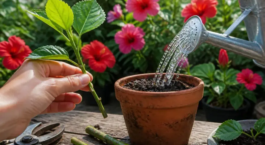Une main tient une bouture d'hibiscus, prête à être plantée. Un arrosoir verse de l'eau sur la terre dans un pot.